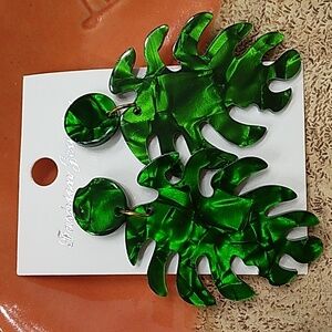 Green Tortoise Shell Acylic Monstera Tropical Leaf Statement Earrings